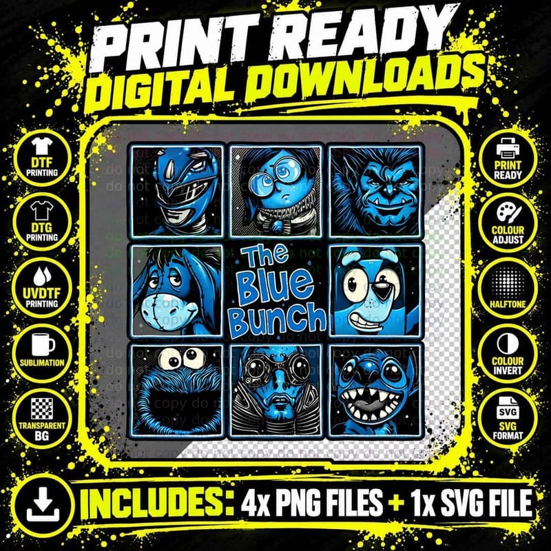 Blue Bunch Brady Bunch Parody, Nine Blue Pop Culture Png SVG Digital Bundle
