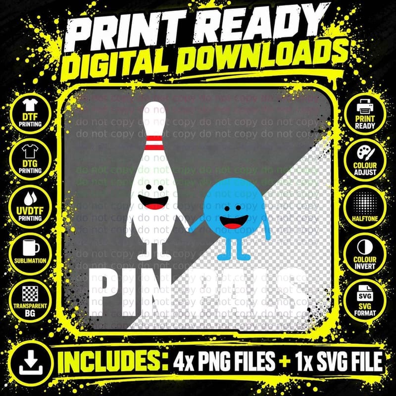 Bowling Pin Pals T-Shirt, Cute Ball and Pin Characters Png SVG Digital Bundle