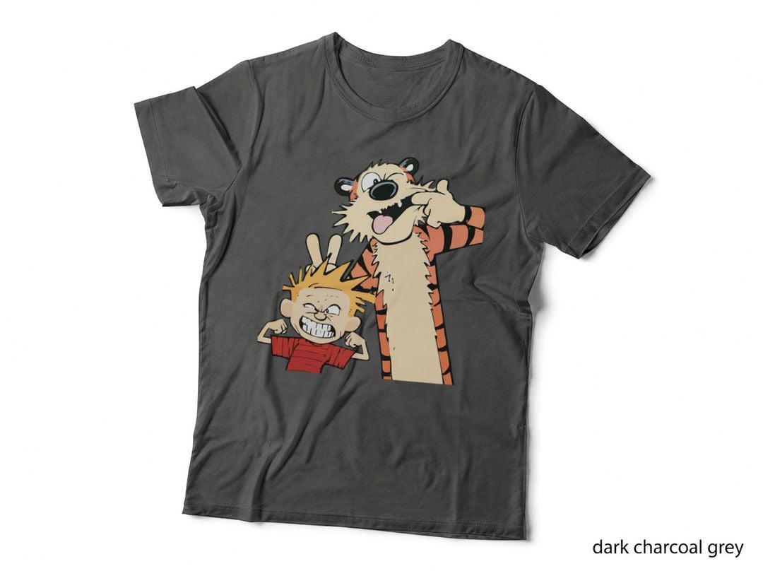 Calvin and Hobbes Funny Faces, Boy Grimacing Tiger Laughing Behind T-Shirt