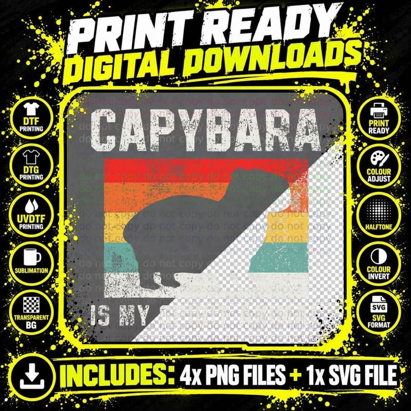 Capybara Spirit Animal Retro Tee, Vintage Sunset Stripe Png SVG Digital Bundle