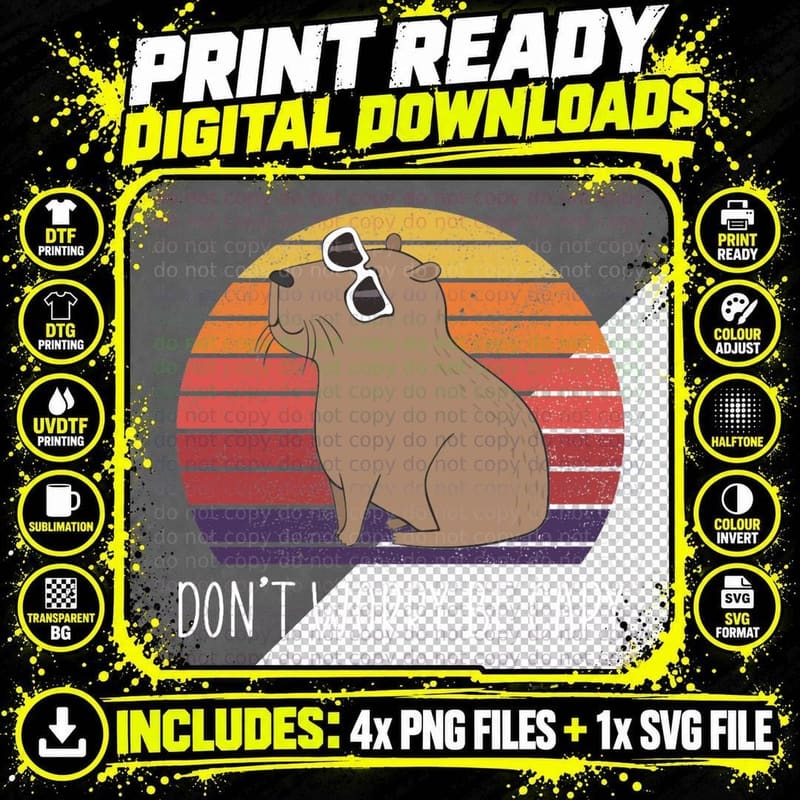 Capybara Sunset Retro T-Shirt, Do Not Worry Be Capy Png SVG Digital Bundle