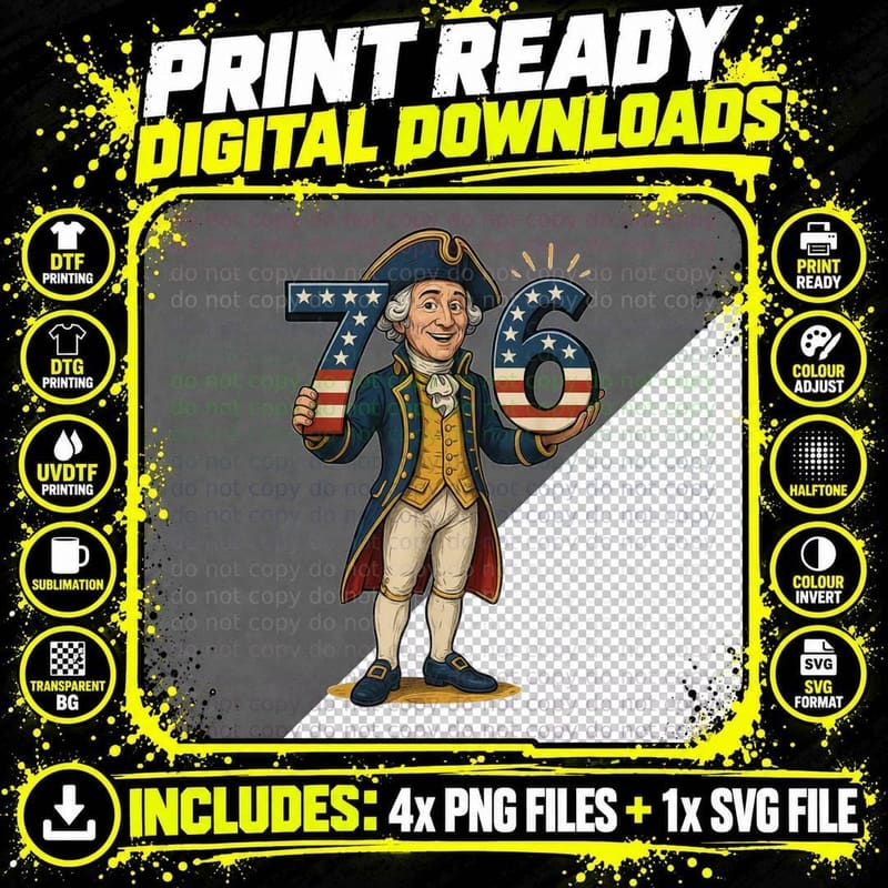 Cartoon Founding Father Holds 76 Stars T-Shirt Png SVG Digital Bundle
