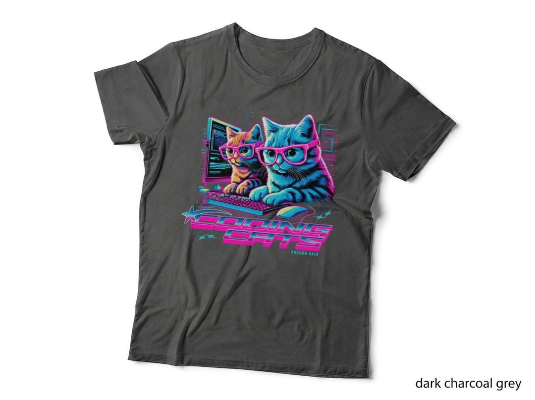 Coding Cats Tee, Neon Synthwave Kittens at Keyboard, Programmer Geek Humor