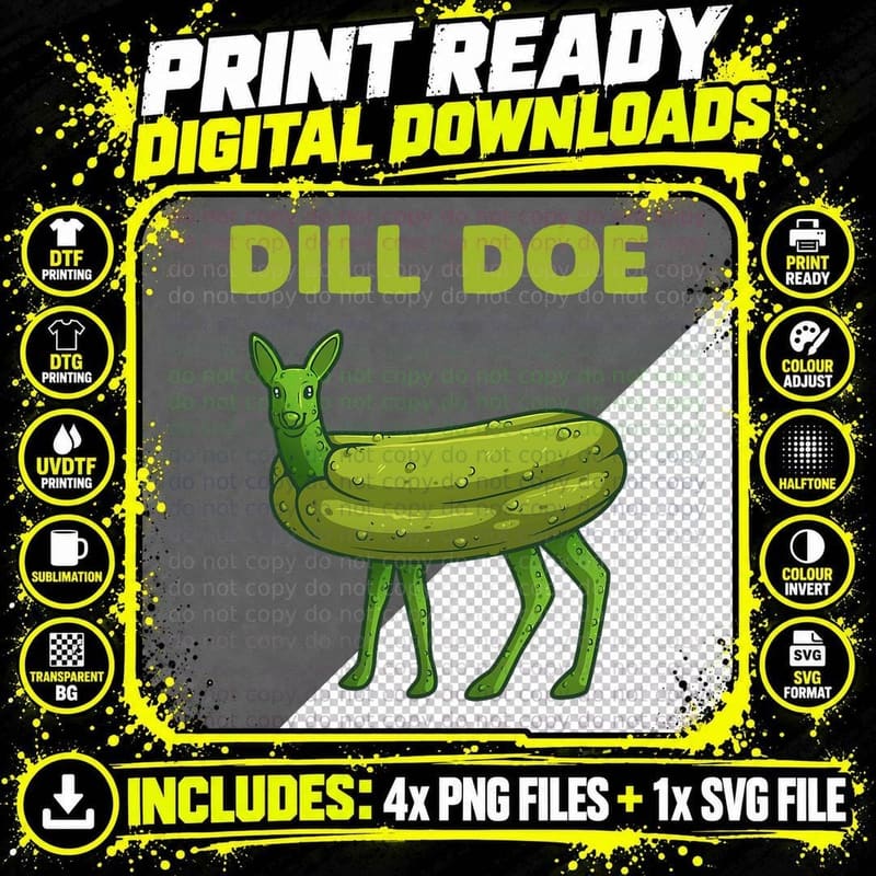 Dill Doe Pickle Deer Hybrid, Green Cartoon Pun Art Png SVG Digital Bundle