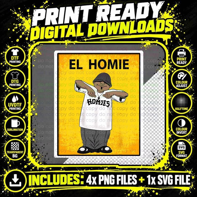 El Homie Cartoon Street Figure, Retro Yellow Sign Png SVG Digital Bundle