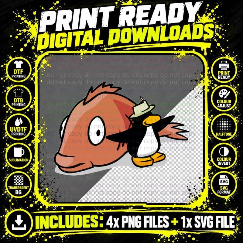 Fish Eating Penguin T-Shirt, Animal Humor Design Png SVG Digital Bundle
