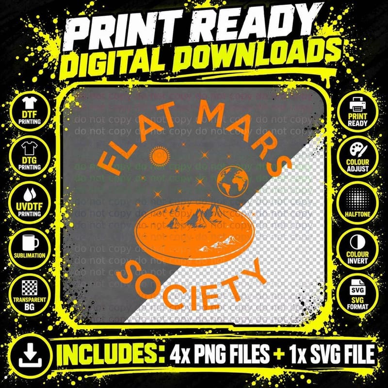 Flat Mars Society T-Shirt, Orange Disc Planet Conspiracy Png SVG Digital Bundle