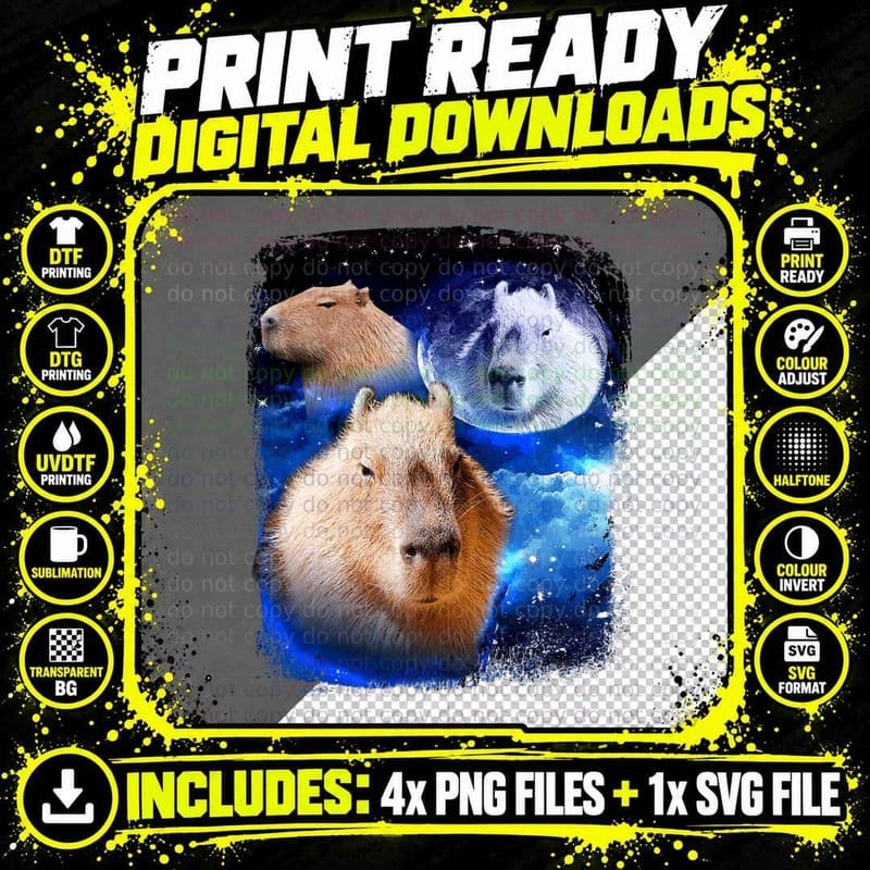 Funny Capybara Howling at Moon T-Shirt Png SVG Digital Bundle