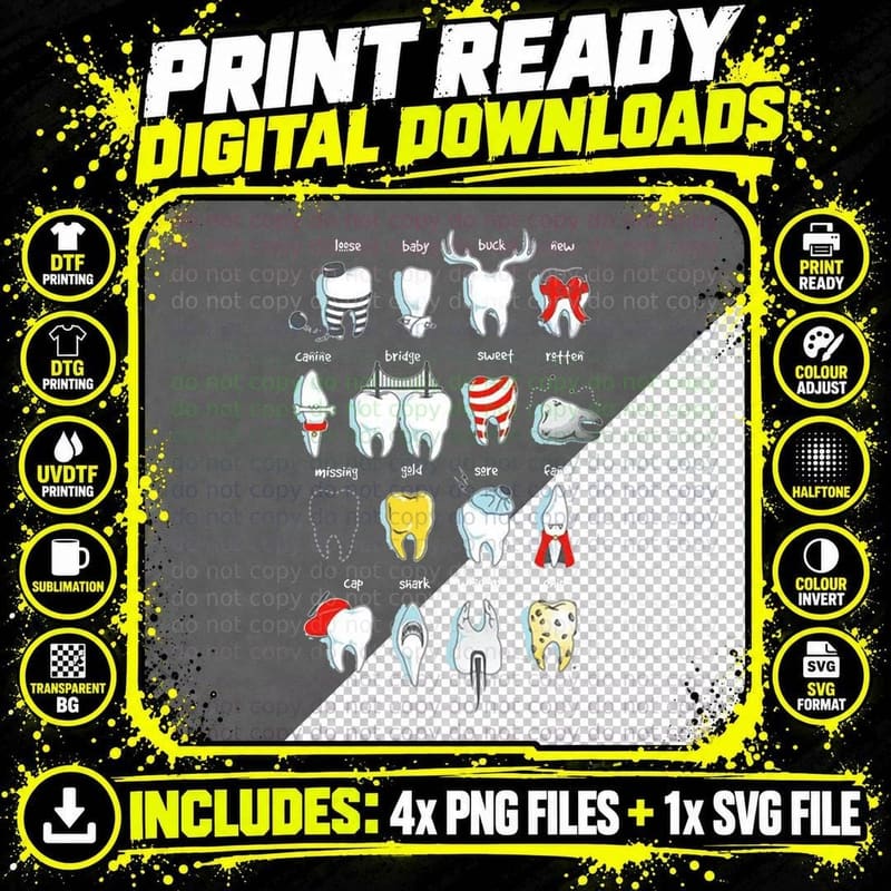 Funny Dentist Tooth Types Chart T-Shirt Png SVG Digital Bundle
