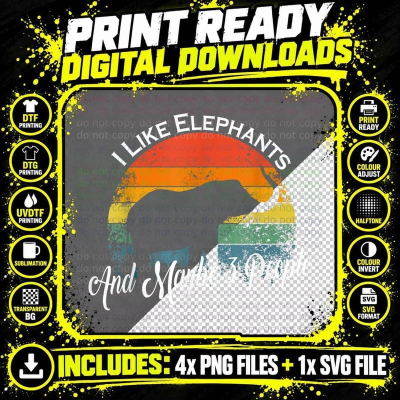 Funny Elephant T-Shirt, Retro Rainbow Design Png SVG Digital Bundle