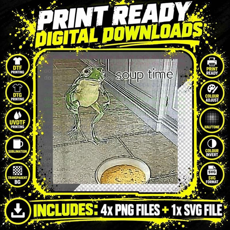 Funny Frog Soup Time T-Shirt, Quirky Animal Print Png SVG Digital Bundle