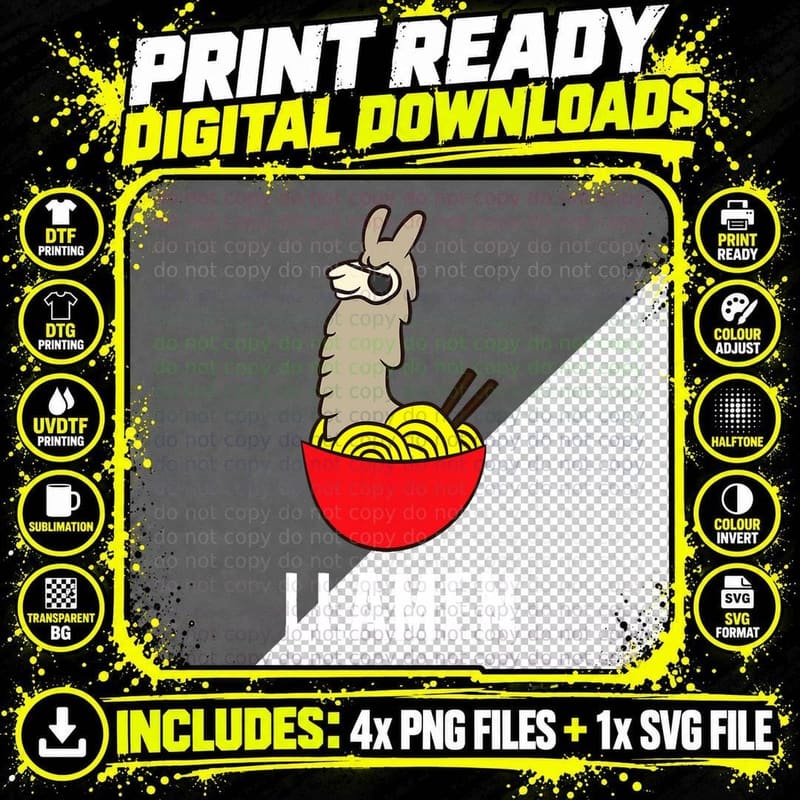 Funny Llama Llamen Noodles Chinese Food T-Shirt Png SVG Digital Bundle