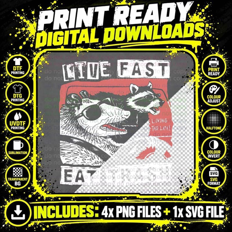Funny Possum Raccoon Live Fast Eat Trash Street Cat Png SVG Digital Bundle