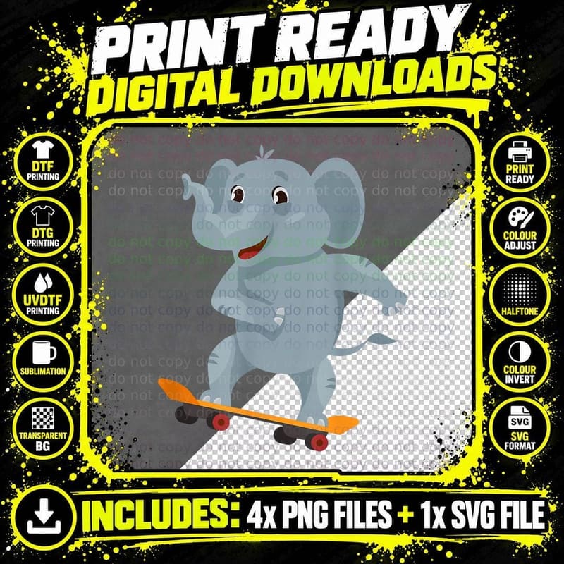 Funny Skateboarding Elephant T-Shirt Png SVG Digital Bundle