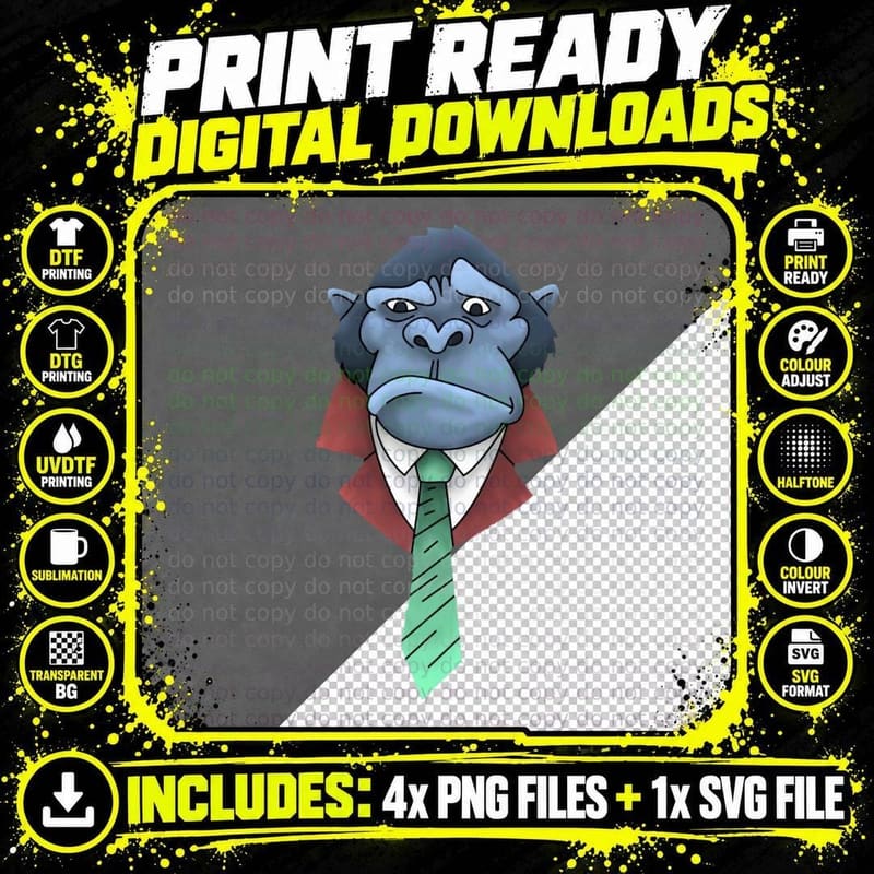 Gorilla in Suit T-Shirt, Animal Humor Style Png SVG Digital Bundle