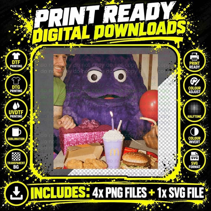 Grimace Birthday Party Mascot, Mcdonald Burger Fast Food Png SVG Digital Bundle