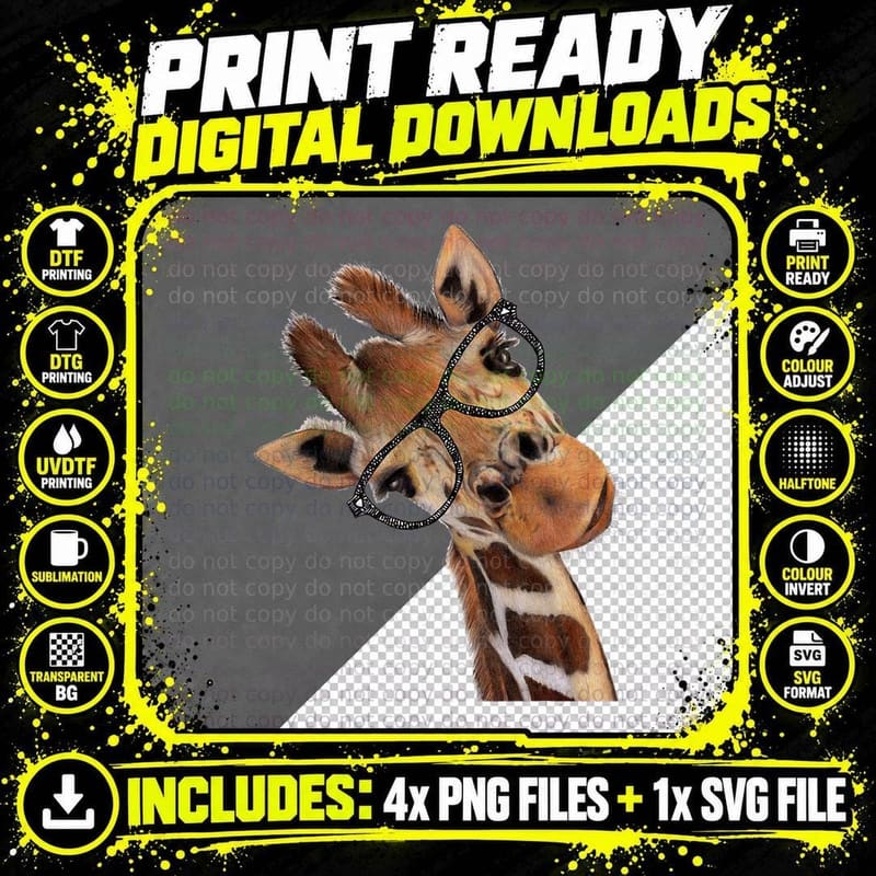 Hipster Giraffe Glasses Tee, Quirky Wildlife Portrait Png SVG Digital Bundle