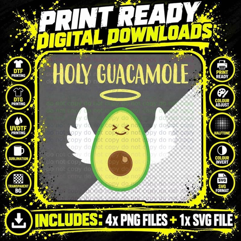 Holy Guacamole Angel Avocado, Funny Vegan Plant-Based Png SVG Digital Bundle