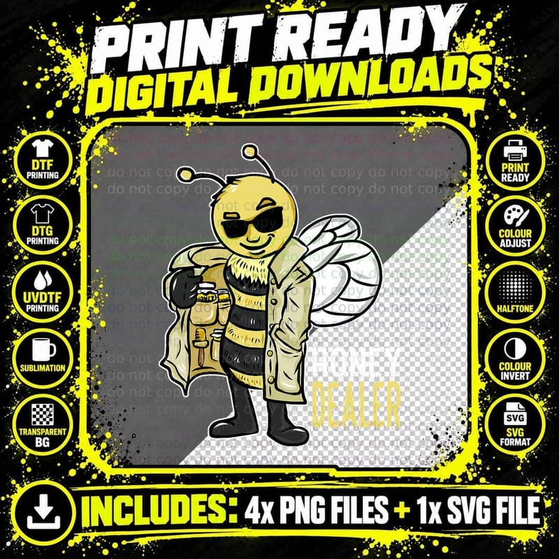 Honey Dealer Cartoon Bee Tee, Trench Coat and Jars Png SVG Digital Bundle