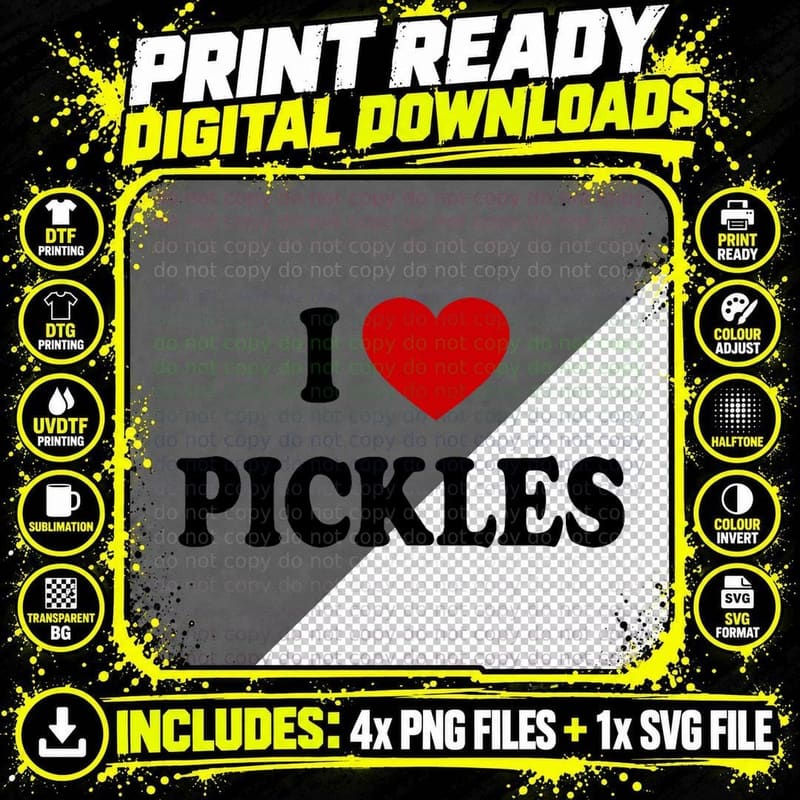 I Heart Pickles Red Heart Bold Slogan Tee, Funny Foodie Png SVG Digital Bundle