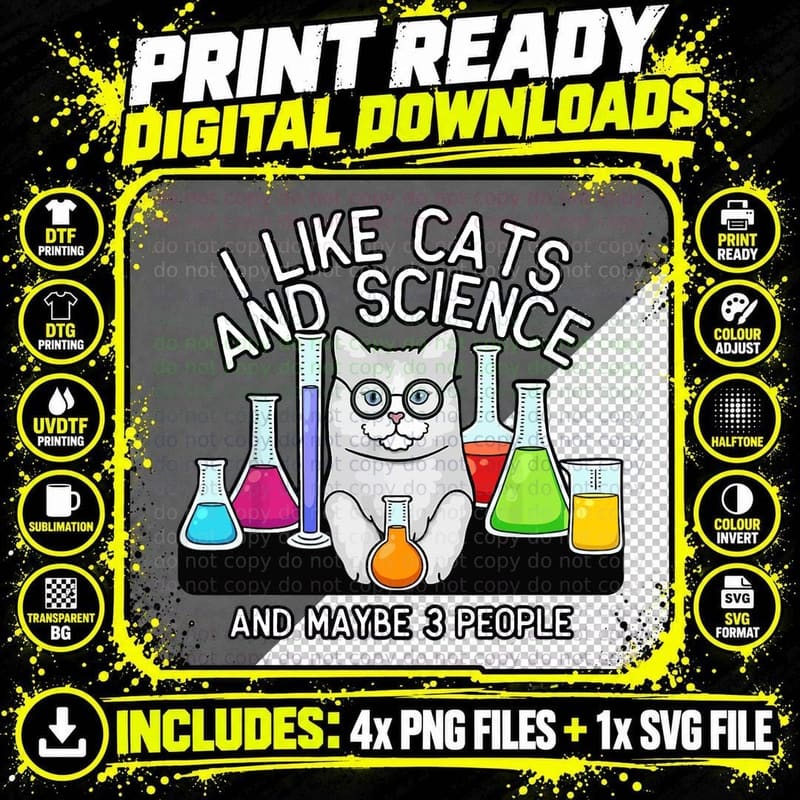I Like Cats and Science Tee, Lab Kitten with Beakers Png SVG Digital Bundle