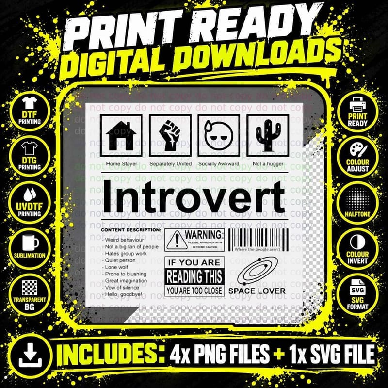 Introvert Warning Label T-Shirt, Socially Awkward Humour Png SVG Digital Bundle