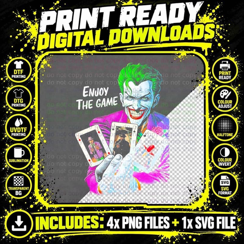 Joker Enjoy the Game T-Shirt, Comic Villain Style Png SVG Digital Bundle