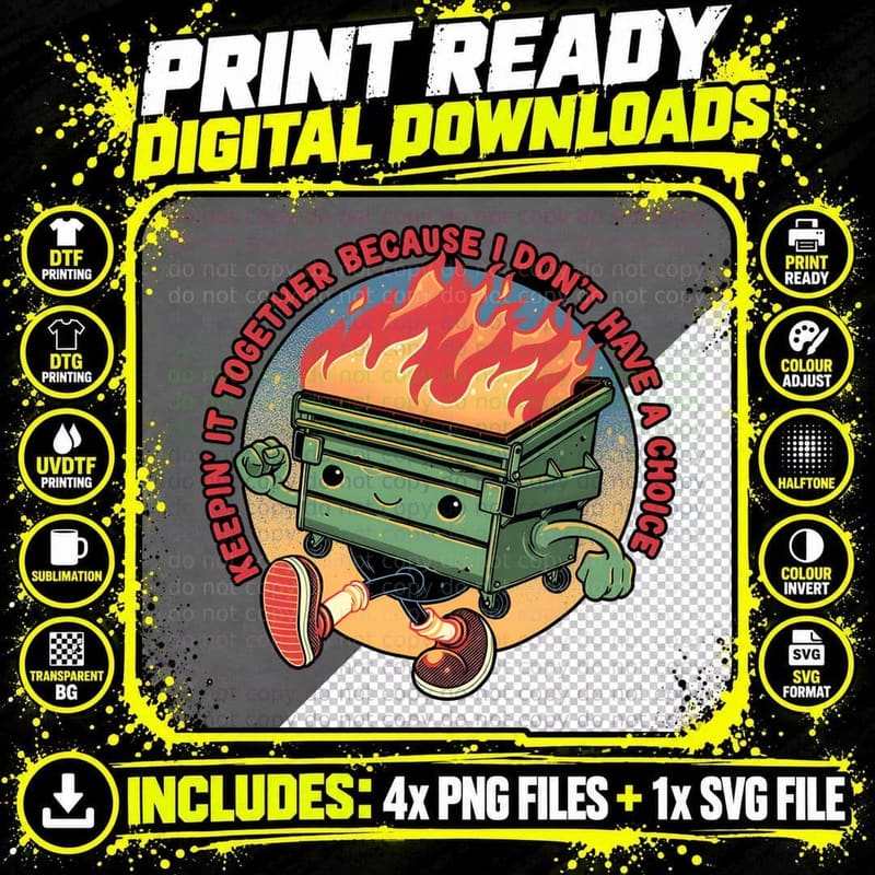 Keepin' It Together Tee, Dumpster Fire Cartoon Mascot Png SVG Digital Bundle