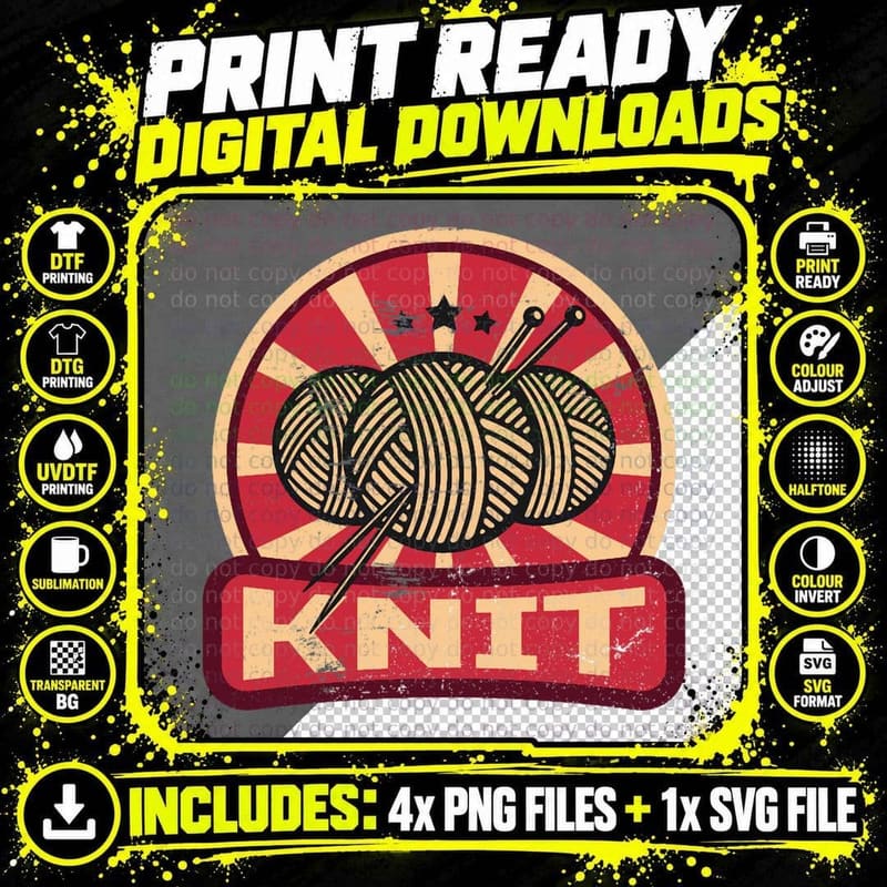 Knitting Propaganda Retro Tee, Yarn and Needle Badge Png SVG Digital Bundle