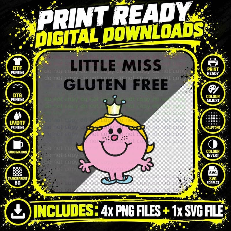 Little Miss Gluten Free T-Shirt, Funny Food Humor Png SVG Digital Bundle