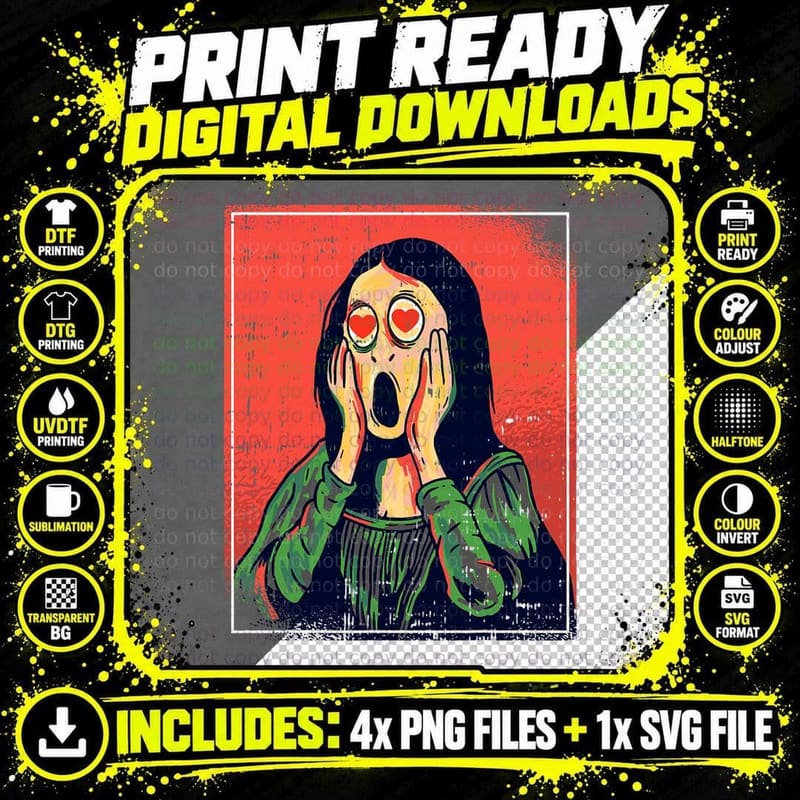 Mona Lisa Screaming Art Valentines Day Funny Painting Png SVG Digital Bundle