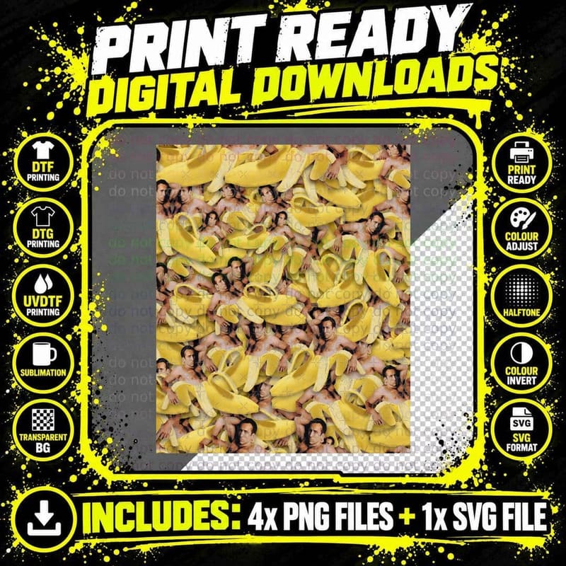 Nicolas Cage Banana Allover Pattern Png SVG Digital Bundle