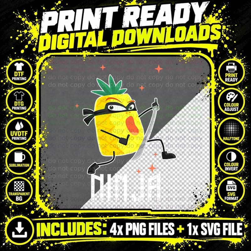 Pineapple Ninja Warrior T-Shirt, Funny Cartoon Design Png SVG Digital Bundle