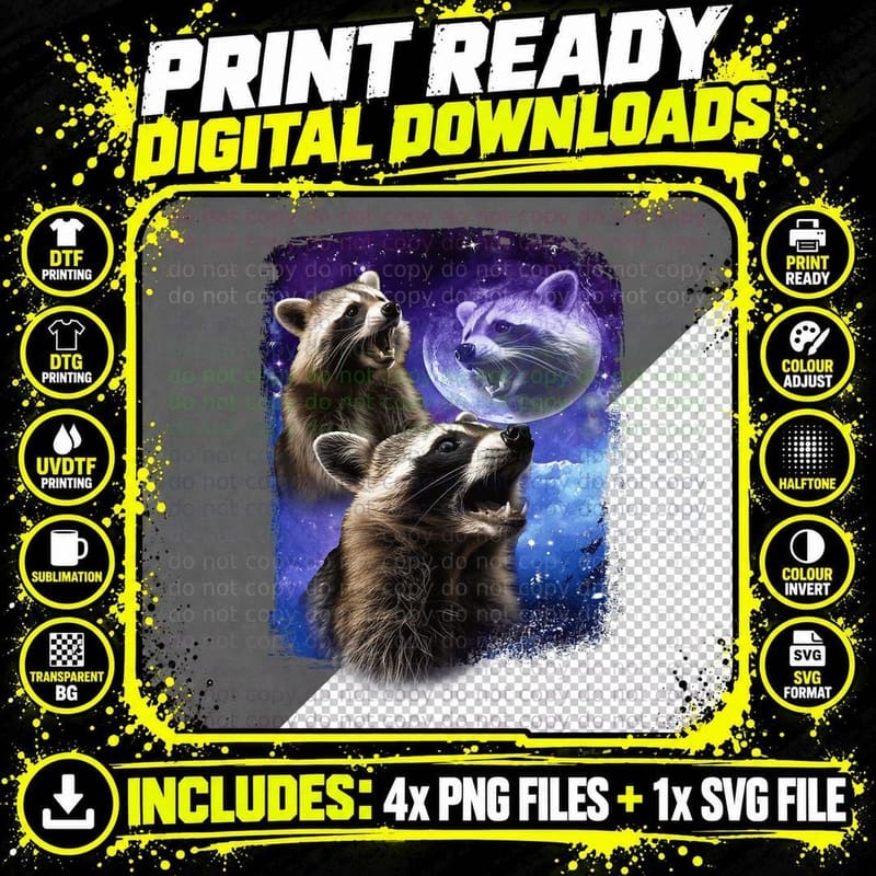 Racoons Howling at the Moon Funny Three Racoon Meme Png SVG Digital Bundle