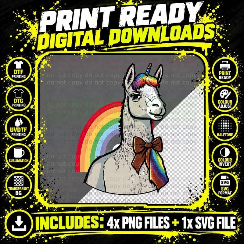 Rainbow Llama Alpaca T-Shirt, Funny Animal Design Png SVG Digital Bundle