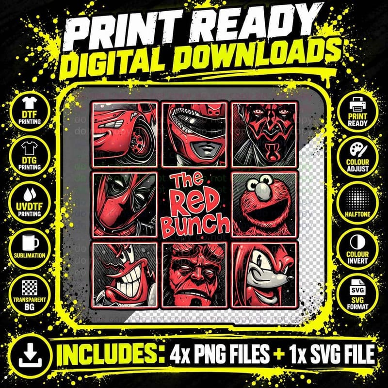 Red Bunch Brady Bunch Parody, Nine Red Pop Culture Icons Png SVG Digital Bundle