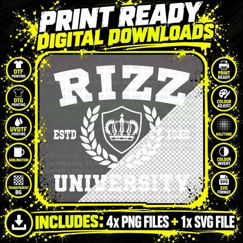 Rizz University Meme T-Shirt, Collegiate Crest Crown Png SVG Digital Bundle