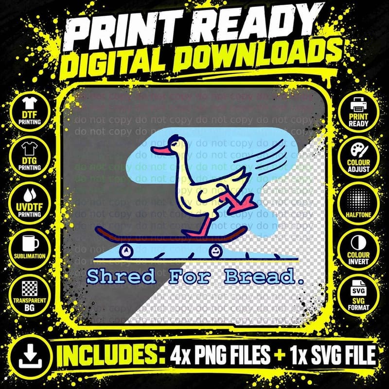 Shred for Bread Duck Skateboarding T-Shirt Png SVG Digital Bundle