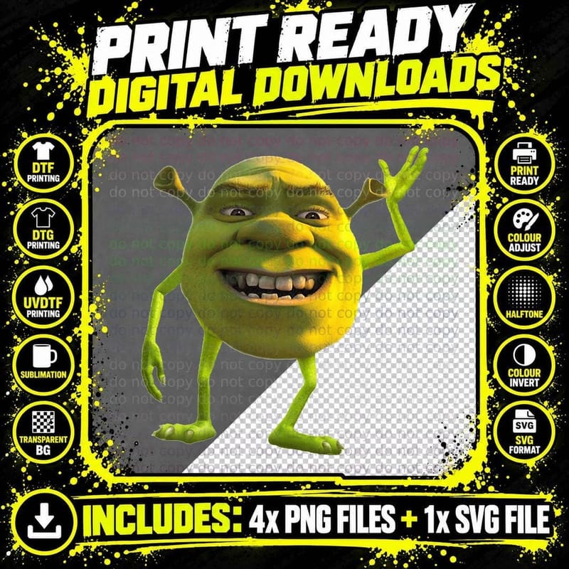 Shrek Wazowski T-Shirt, Ogre Monster Face Mashup Parody Png SVG Digital Bundle