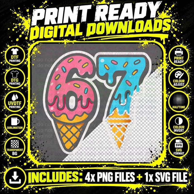 Six Seven Tee, Kids 67 Funny Meme, Ice Cream Png SVG Digital Bundle