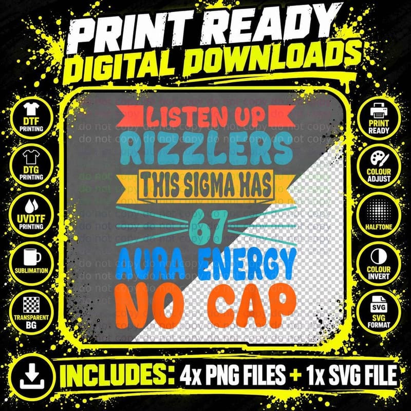 Six Seven Tee, Listen up Rizzlers, Cool Number 67 Meme Png SVG Digital Bundle