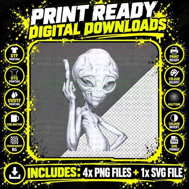 Smirking Alien Middle Finger Sketch T-Shirt Png SVG Digital Bundle
