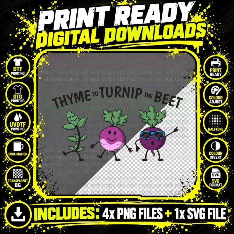 Thyme to Turnip the Beet T-Shirt, Cartoon Vegetables Pun Png SVG Digital Bundle