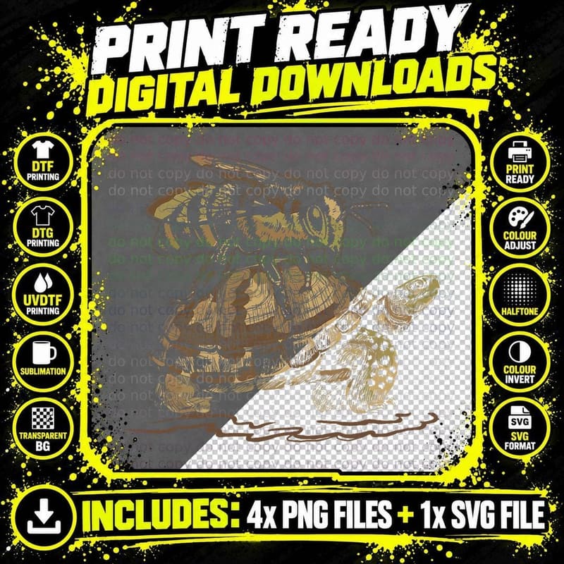 Turtle Riding a Bee Funny Animal Mashup Tee Png SVG Digital Bundle