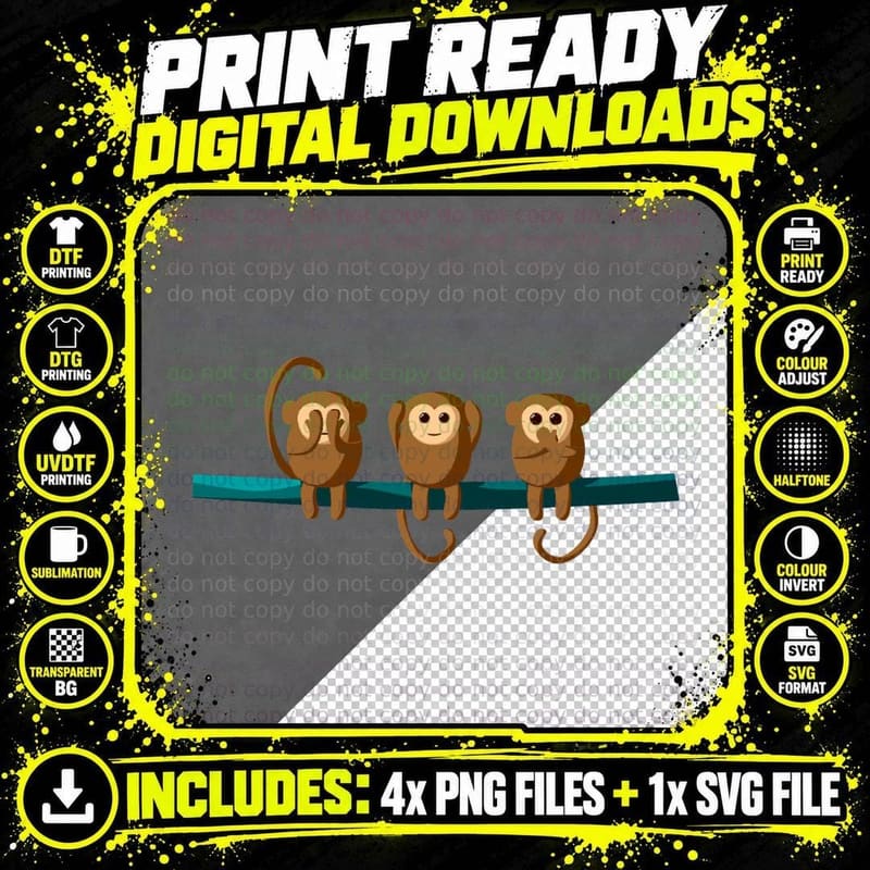 Wise Monkeys See Hear Speak No Evil T-Shirt Png SVG Digital Bundle