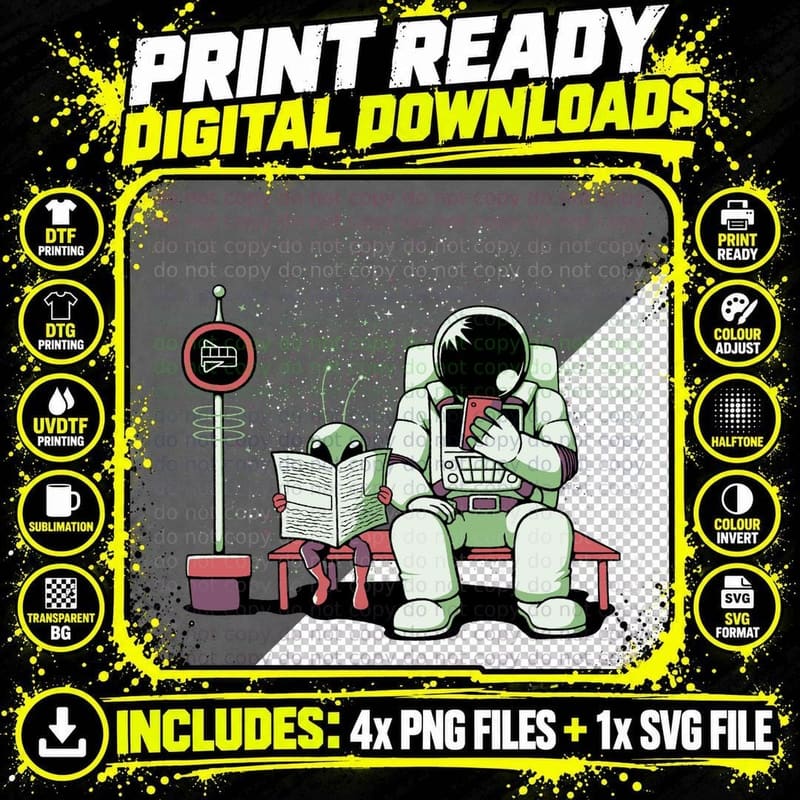 Astronaut in a Bus Stop Funny Alien Reading Newspaper by Png SVG Digital Bundle