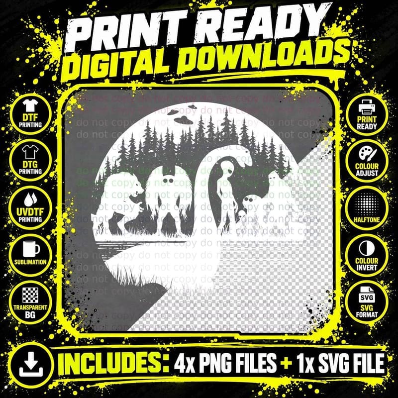 Bigfoot Loch Ness Monster Mothman and Aliens! Funny Png SVG Digital Bundle