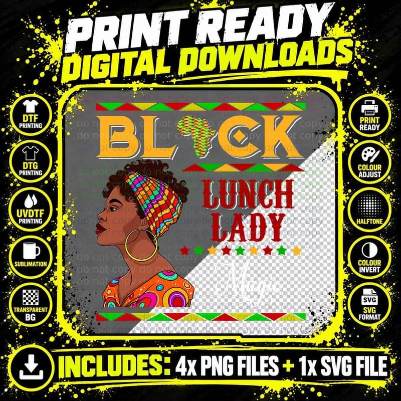 Black Lunch Lady Magic Funny Afro Black History Month Png SVG Digital Bundle