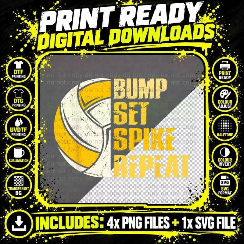 Bump Set Spike Repeat Volleyball Funny T-Shirt Png SVG Digital Bundle