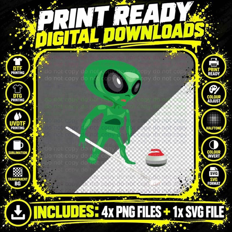 Curling Alien Funny Winter Sport Design T-Shirt Png SVG Digital Bundle